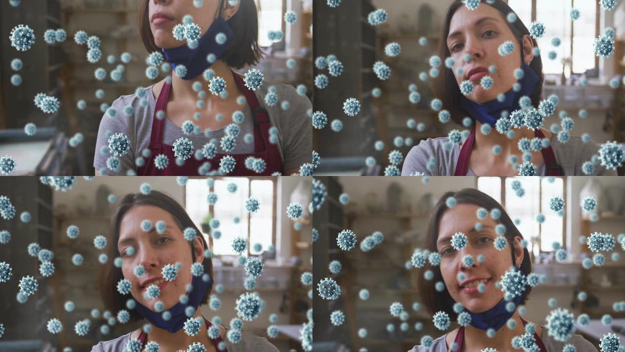 新型冠状病毒肺炎细胞漂浮在女性高加索波特微笑的复合视频