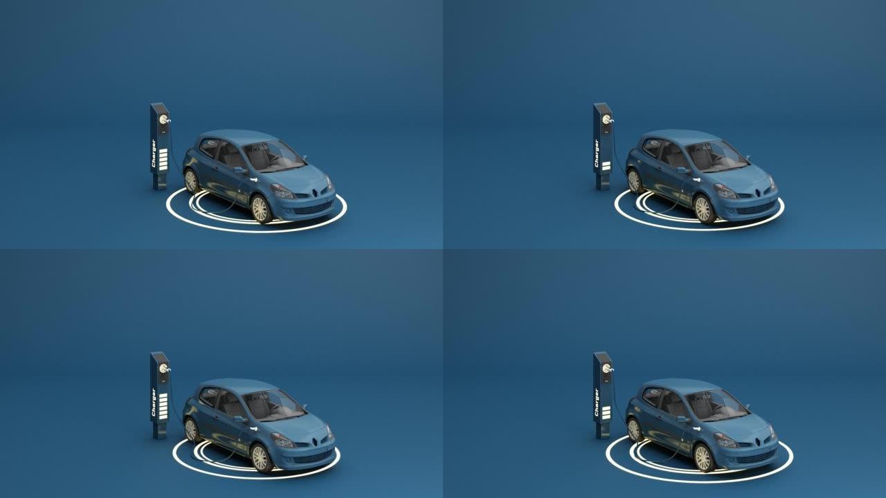电动汽车正在通过充电器加油，并显示在屏幕上。指示充电状态。在蓝色背景3d渲染上