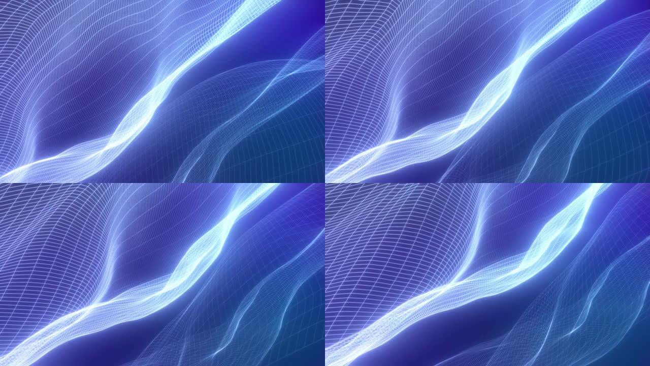4k抽象动画背景。抽象线框波浪的动画。三维渲染