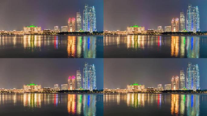 夜灯阿布扎比市湾市中心著名酒店全景4k延时阿联酋