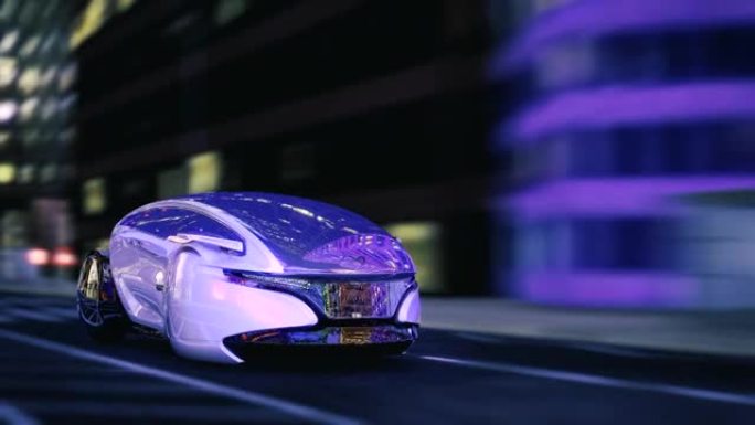 未来的电动汽车在夜城骑行。