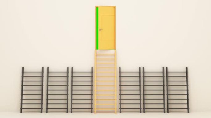 黄色的成功之门带有绿色的屏幕，梯子靠在墙上。与复制空间逼真的3d渲染相比，这需要比其他楼梯概念的承诺