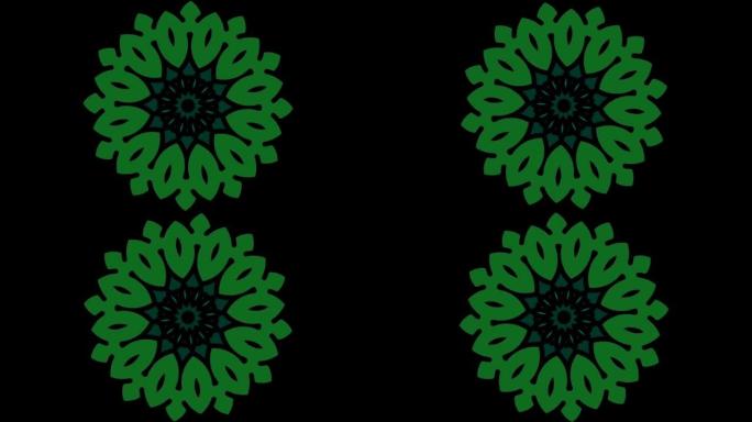 抽象绿色曼陀罗动态黑色背景效果。数字艺术-旋转动画