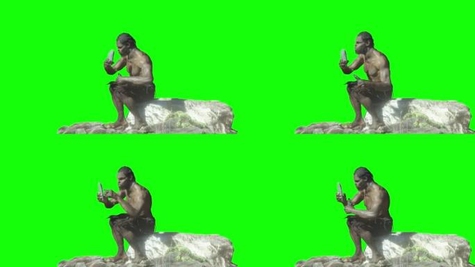 绿色背景上的古代原始穴居人与石头渲染3d循环