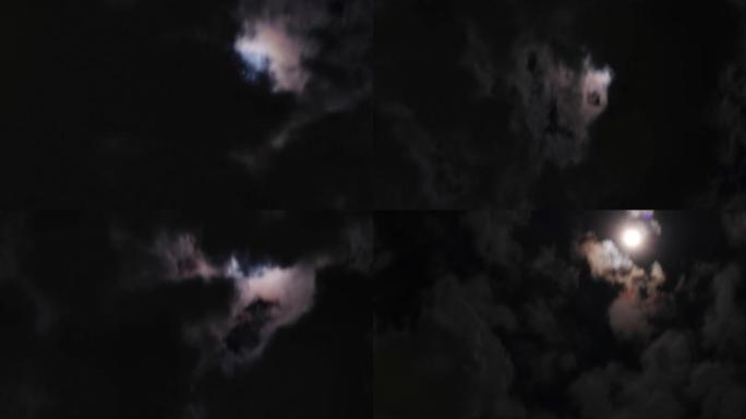 夜间经过月亮的时光流逝，明亮的满月与移动的云背景。