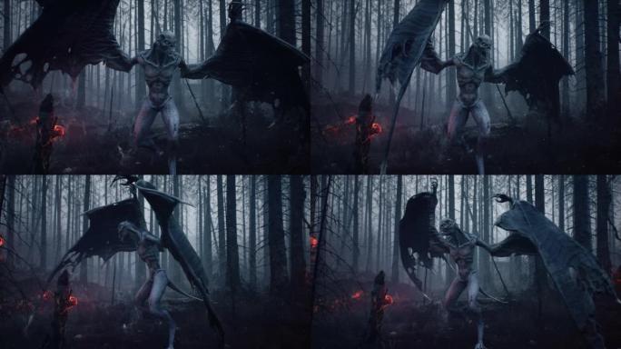 一个令人毛骨悚然的吸血鬼站在一片烧毁的神秘森林中。来自黑暗森林的童话生物的概念。该动画非常适合怪异，