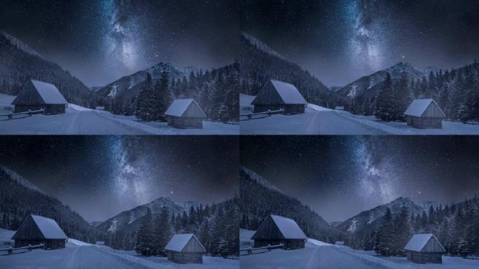 塔特拉山脉白雪皑皑的Chocholowska山谷上的银河系