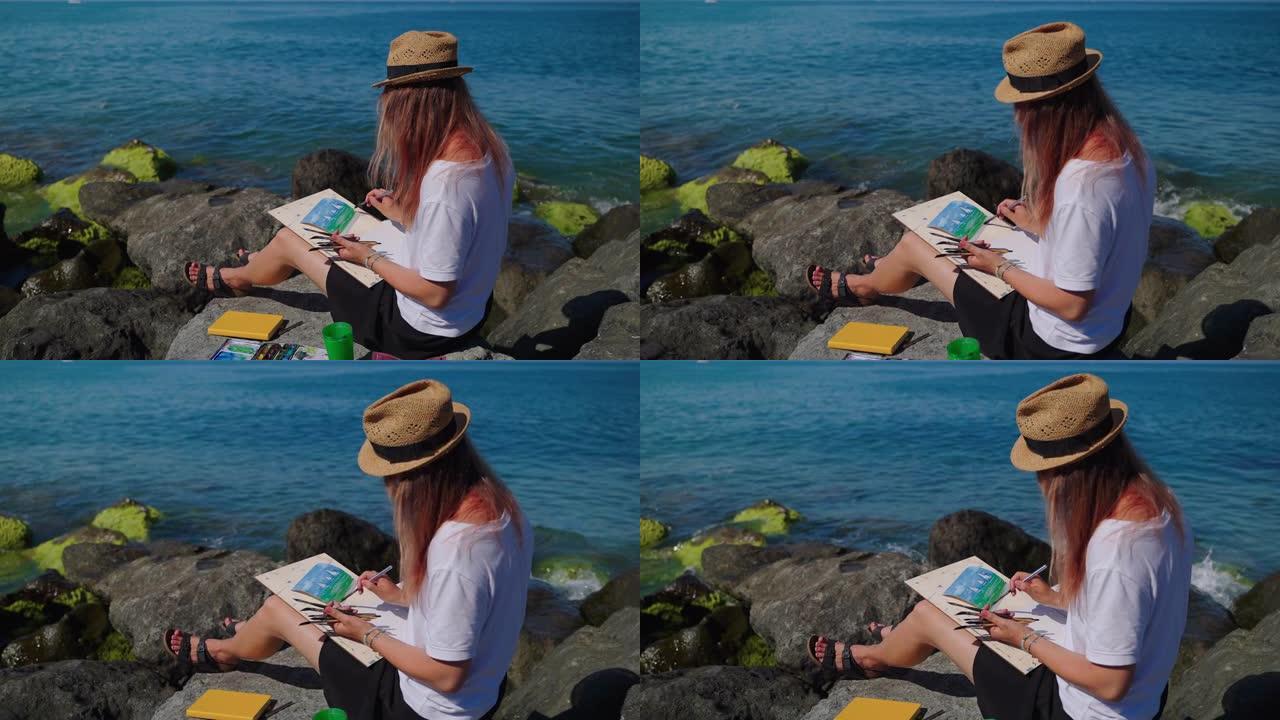 年轻女子在海边休息，画水族海洋景观