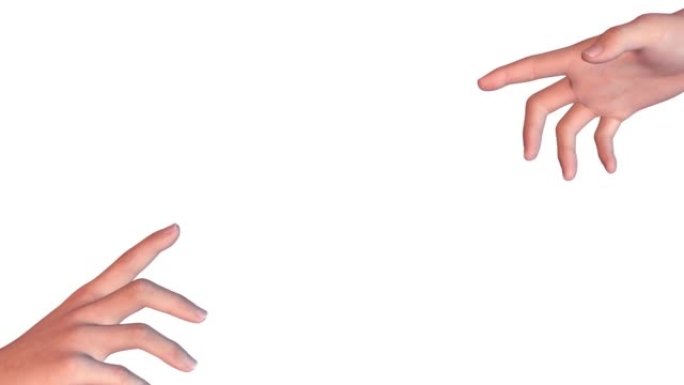 两只双手互相伸出，孤立在白色背景上。人的社会联系和心理关系的概念。逼真的3d数字动画。