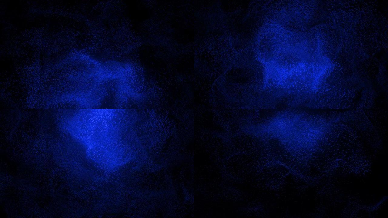 蓝色沙子在黑色背景上传播的抽象图案。蓝点云在黑暗中旋转。虚拟数据。VJ循环运动背景。4k动画-3D渲