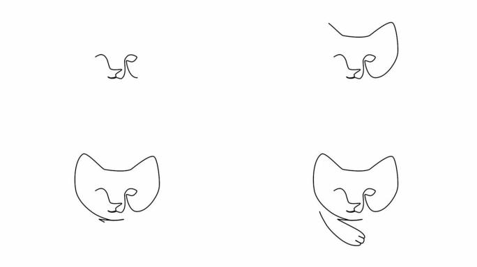 动物连续一行绘制白色猫轮廓的黑色轮廓