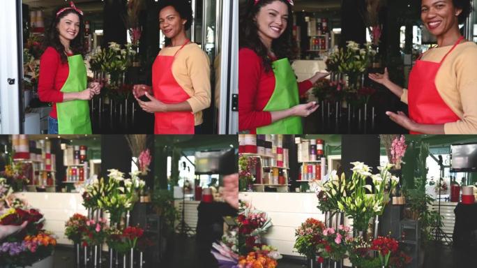花店开店老板欢迎前来买花的顾客