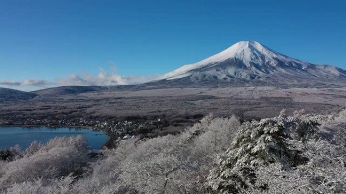 富士山冬季鸟瞰图，日本标志性的白雪皑皑的象征，白雪覆盖的风景，树上的冰雾，山中湖，湛蓝的天空-从上方