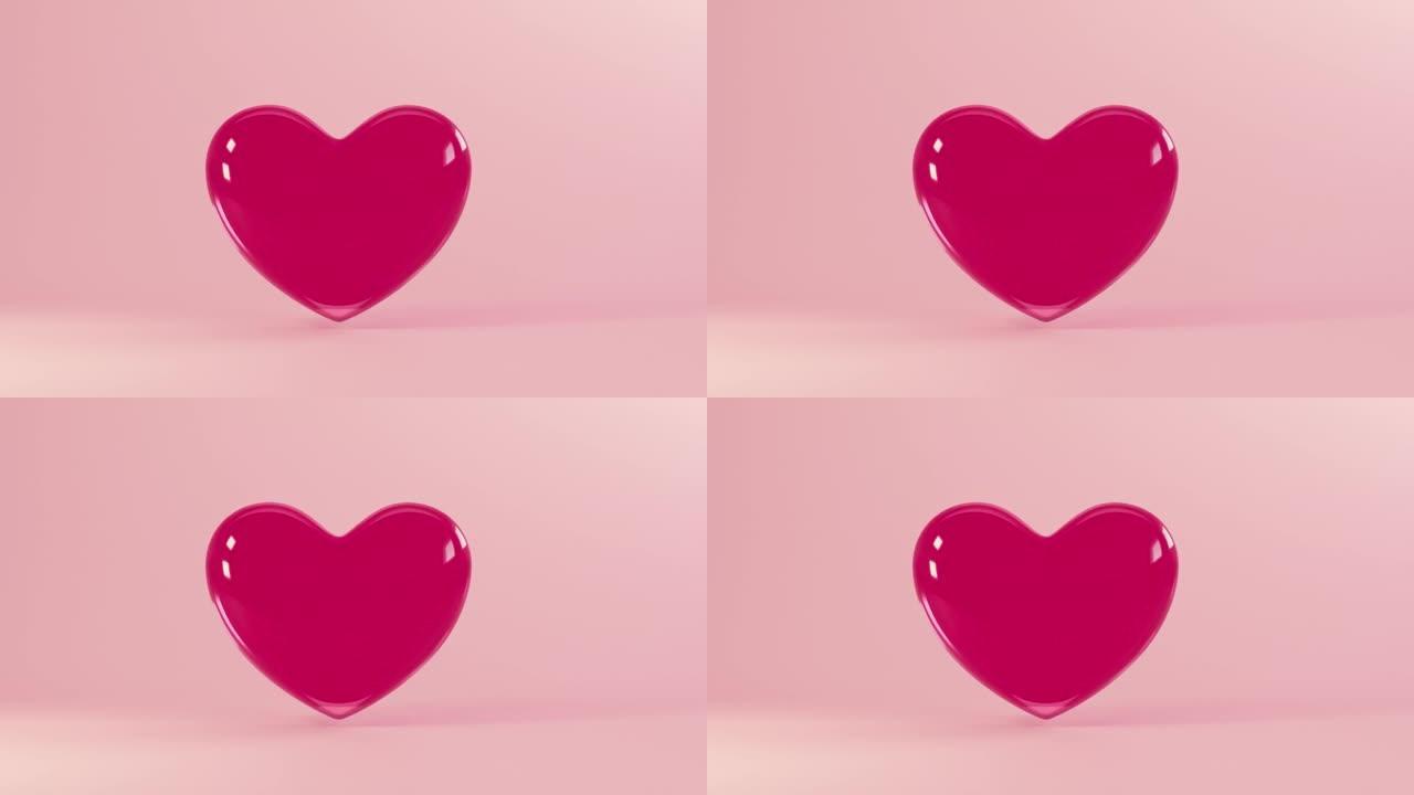 3d心脏缓慢飞行渲染无缝循环。情人节2月14日浪漫背景的3D渲染。婚礼或母亲节的爱心背景