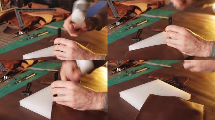 坦纳 (tanner) 生产皮革产品，钱包。用你自己的双手，DIY指导，室内，特写，生活方式，真实。