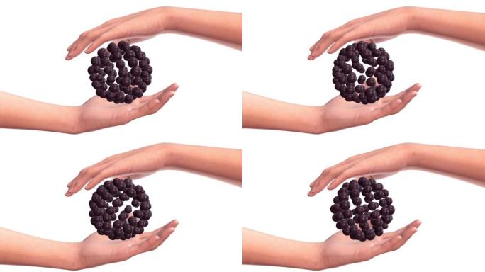 两只人类的手拿着来自白色背景上孤立的粒子的球体。人的社会联系和心理关系的概念。超现实的3d数字动画。