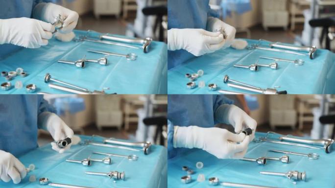 医生在钢托盘中的医疗器械。使用后清洁医疗器械。将医疗工具的桌子放在桌子上，为机器人手术做准备。手术工