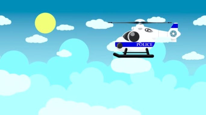 一架蓝色条纹的白色警用直升机飞行