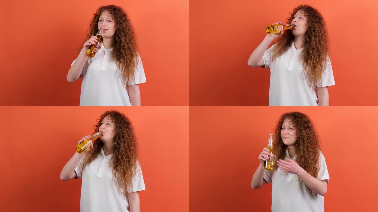 特写视频，一名红头发的球迷女子拿着一瓶啤酒，在最喜欢的球队比赛中喝酒。