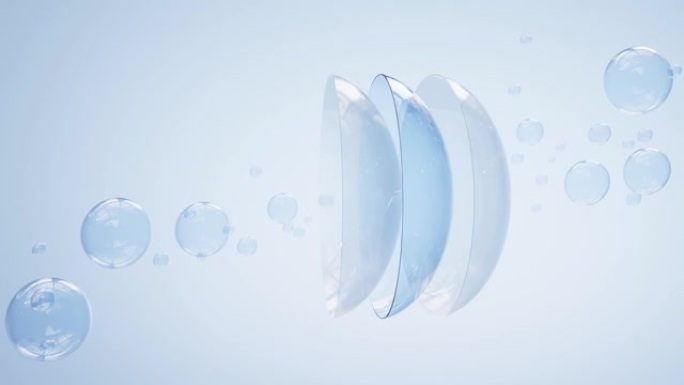 3d动画，水表面的隐形眼镜，蓝色背景上有气泡。眼睛镜片清洁解决方案概念，用于光学视力矫正的医疗设备，