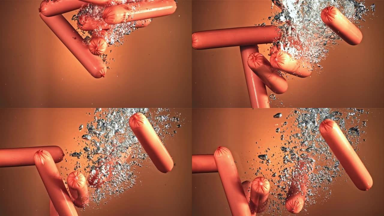 香肠随着气泡落入水中。以1000 fps的高速相机拍摄。