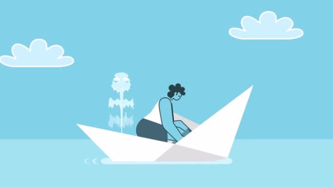 卡通女人在下沉的纸船上航行，挖出水。平面设计二维人物循环动画与luma