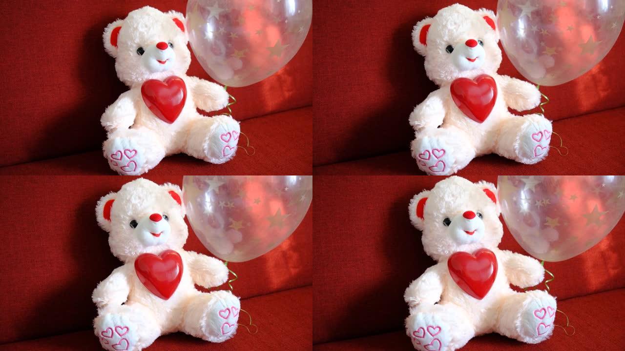 有心的玩具熊。在家准备浪漫的假期，柔和的晨光。情人节、生日和爱情概念