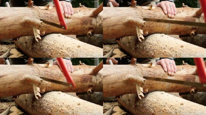 用手锯切割一块木头旧方法库存视频