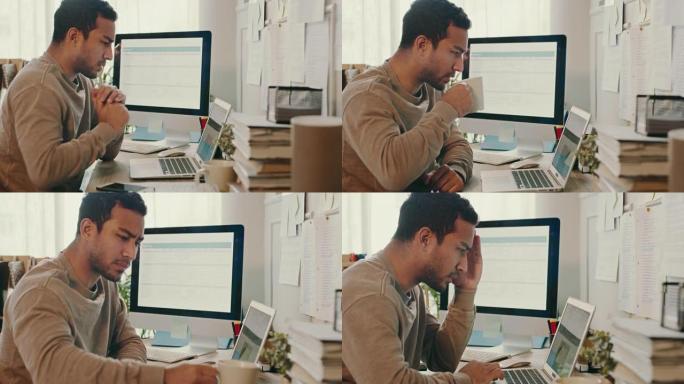 一个商人在家工作时喝咖啡的4k视频片段
