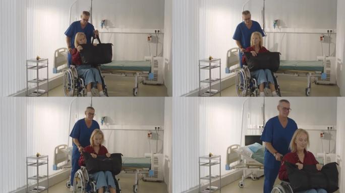 男性有序推挤老年女性患者坐轮椅出院