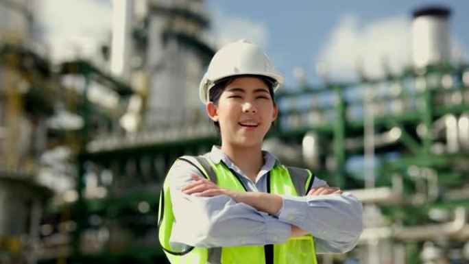 亚洲工程师经理，戴白色安全帽，手持平板站在炼油厂前。工业园区天然气石化。工厂储油罐及管道。建筑工人。