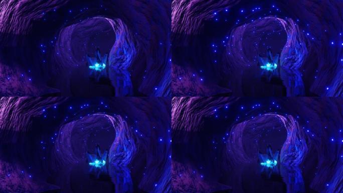 4K 3D动画。蓝色神秘洞穴，带有闪闪发光的水晶的魔力，刺激冒险的概念