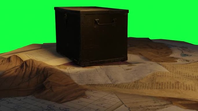 旧木箱在绿屏上的旧地图和文档上的动画