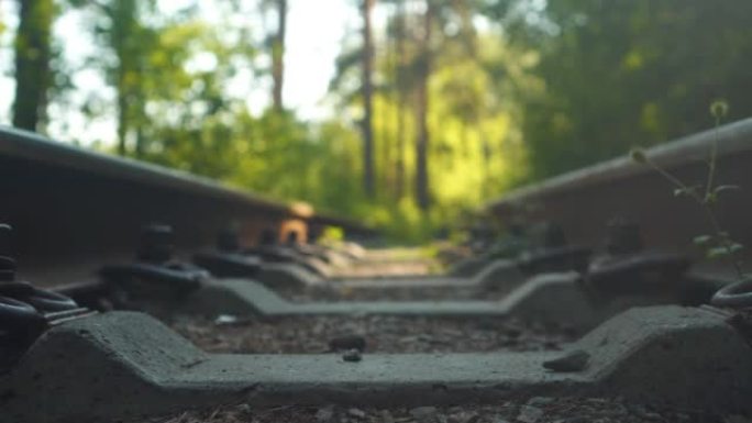 穿过森林的特写铁路。焦点落在混凝土轨枕上。金属钢轨，铁路运输概念