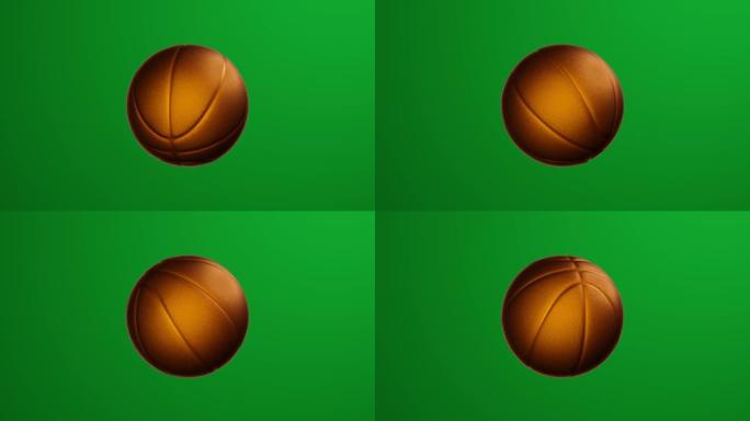 金色篮球球在绿屏背景上旋转。