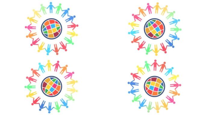 人类与地球标志的循环动画，使用可持续发展目标指定的17种颜色(白色背景)