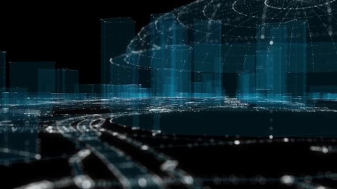 抽象全息图3D城市。数字建筑粒子网络