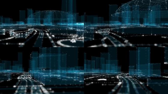 抽象全息图3D城市。数字建筑粒子网络