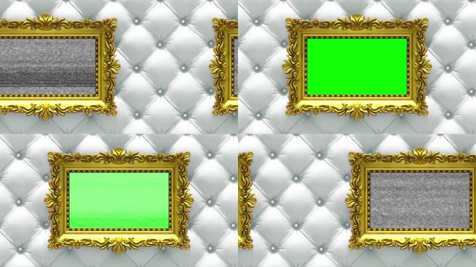 相机沿着豪华白色室内装饰背景上的金色相框移动。无缝循环3d动画。带有电视噪音和绿屏的模型。