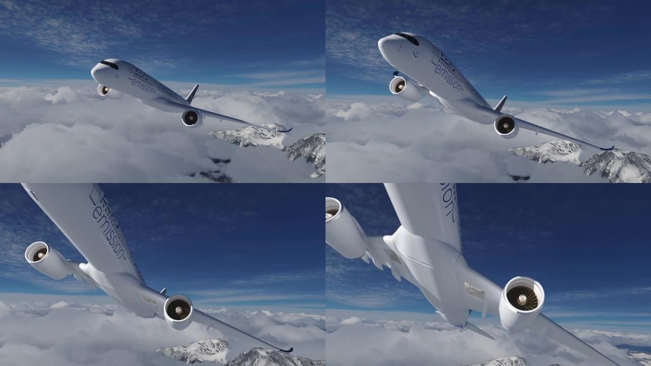 充满氢气的H2飞机在天空中飞行-未来H2能源概念。3d渲染