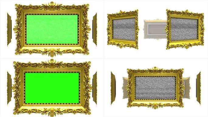 华丽的金色相框在白色背景上旋转成一圈。无缝循环，带电视噪音和绿屏的3D动画。