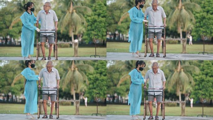 亚洲华裔女性理疗师矫正姿势，帮助老年男子在公共公园散步