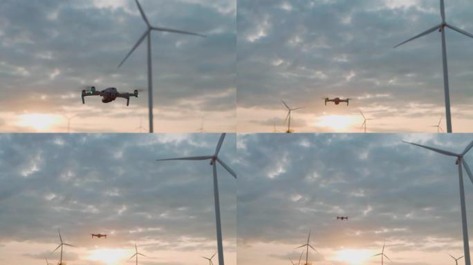 在风力发电站工作的无人机的录像