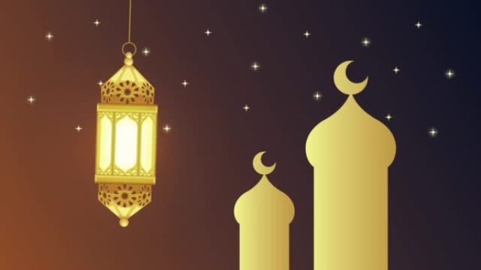 开斋节穆巴拉克动画与清真寺和灯笼