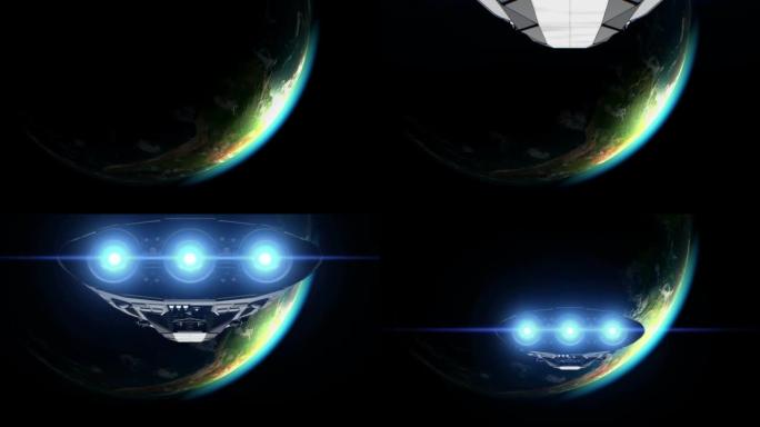 背景上的新月地球，外星科幻宇宙飞船接近行星。强大的引擎脉动和闪烁，3d。地球的纹理是在没有照片的图形