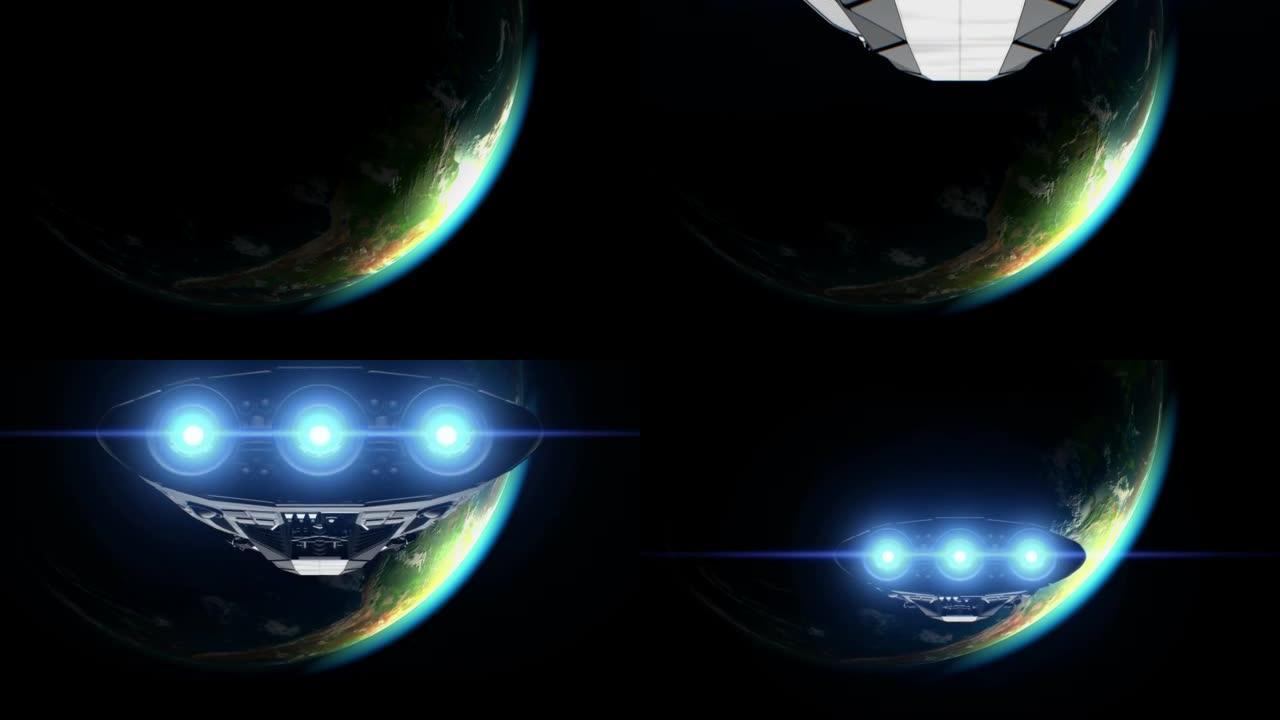 背景上的新月地球，外星科幻宇宙飞船接近行星。强大的引擎脉动和闪烁，3d。地球的纹理是在没有照片的图形