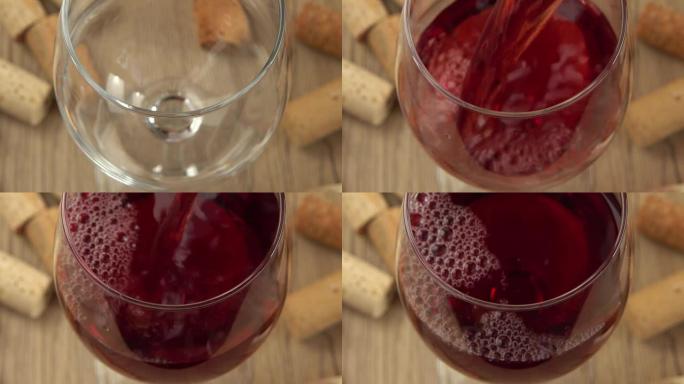 将葡萄酒倒入酒瓶塞背景的玻璃杯中。