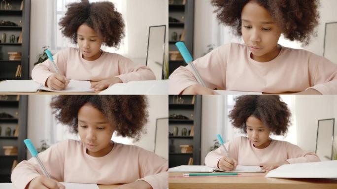 可爱的沉思小非洲裔美国女学生在家学习，在抄本上写练习，做作业