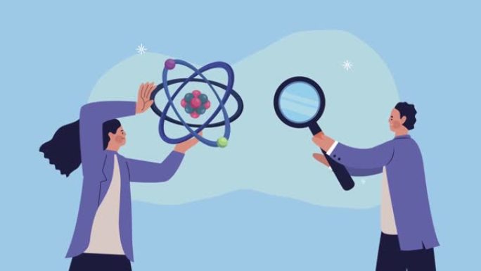 科学家与原子和放大镜结合在一起