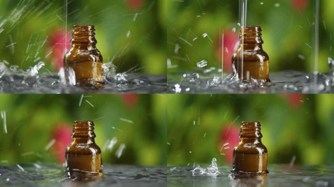 水滴掉进瓶子里的特写镜头，下雨。清新概念。自然与雨